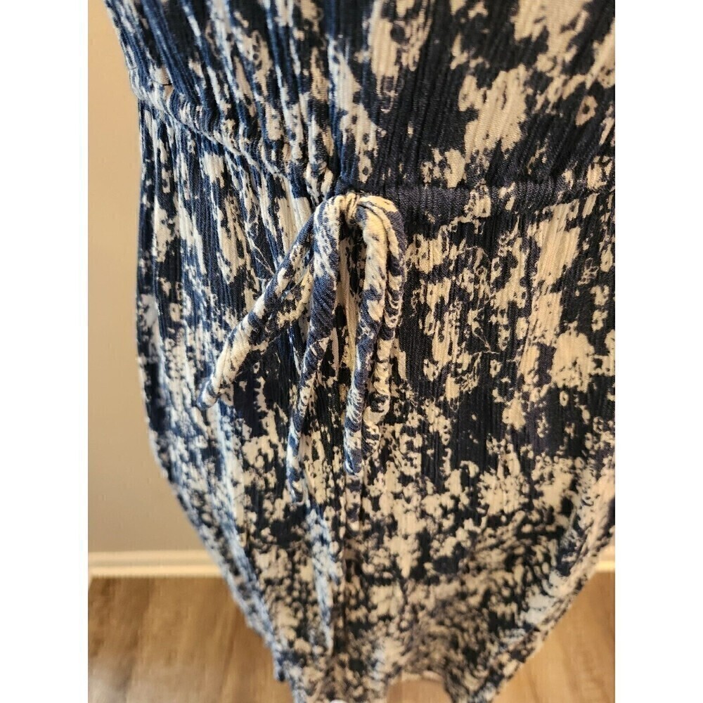 La Cera Crinkle Dress Sz L whit/navy boho tie front Sleeveless knee length - Picture 4 of 6